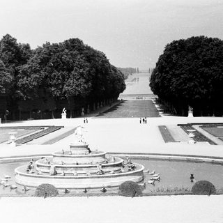 Formal garden with fountain, long avenue, and sculpted trees.