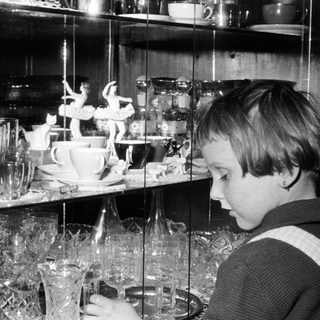 Boy gazes intently at a display case filled with delicate items.