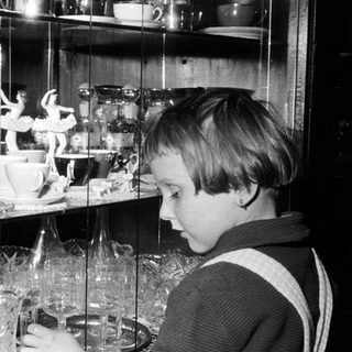 Boy gazes intently at a display case filled with delicate items.
