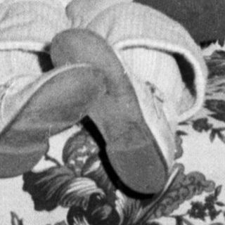 Here's a brief summary of the image: Young boy sits in a patterned chair, looking downwards.