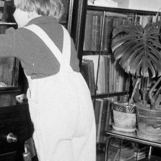 Child in overalls reaches for items on a shelf.