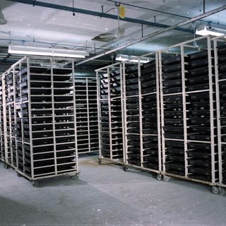 Here's a brief summary of the image: Rows of metal racks hold numerous black film canisters.