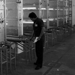 Man inspects a long row of what appear to be spray booths.
