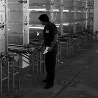 Man inspecting machinery in a spray painting booth.