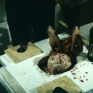 Person preparing or dissecting an animal carcass.