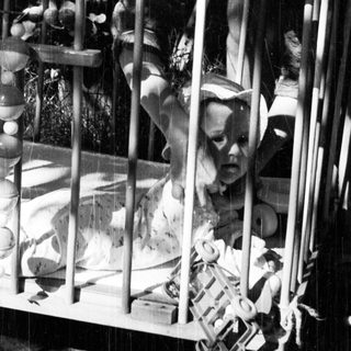 Baby in crib looks at an elephant outside.
