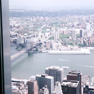 Aerial view of New York City from a high window.
