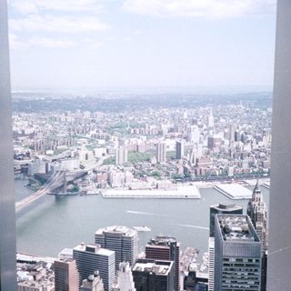 Aerial view of New York City from a high window.