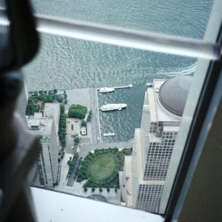 Aerial view of buildings, water, and park from an elevator.