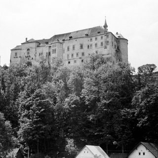 Black and white photo shows a large castle on a hill.