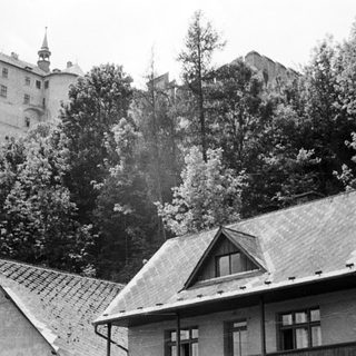 Buildings and a castle are visible through trees.