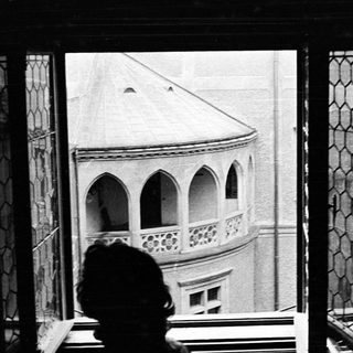 Person looking out a window at a building.