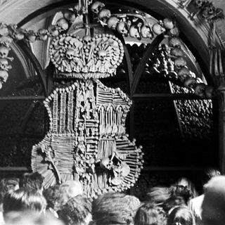 Art installation made of human bones, possibly a reliquary.
