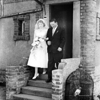 Bride and groom exit building, bird in ornate cage.