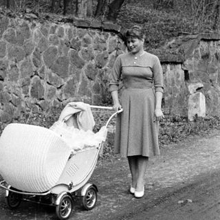 Woman walking along a path, pushing a vintage baby carriage.