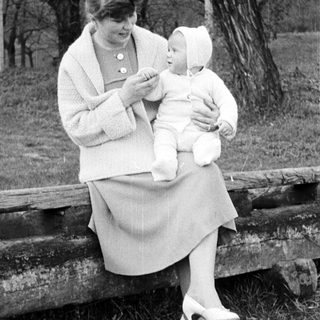Here's a brief summary of the image: Woman sits on a fence, holding a baby.