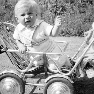 Baby sits in a vintage stroller outdoors.