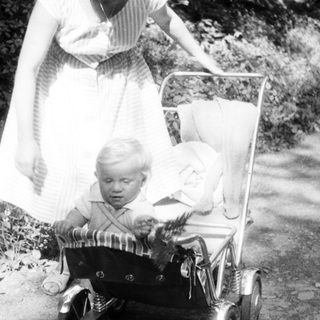 Baby in a vintage carriage on a woodland path.