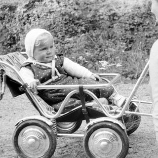Baby in a stroller, being pushed by an adult.