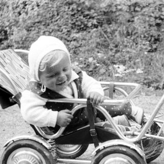 Baby in a carriage being pushed by an adult.