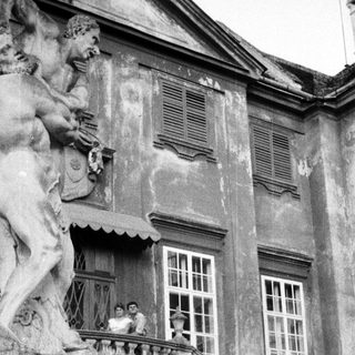 Here's a brief summary of the image: People on a balcony overlooking a grand, aged building.