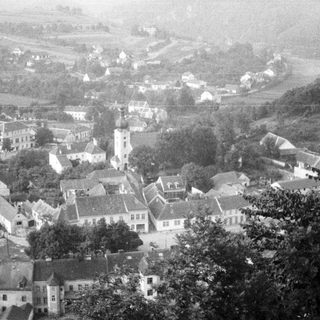 Black and white aerial view of a European village.