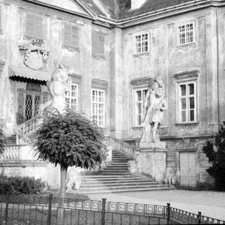Black and white image of a stately building and statues.