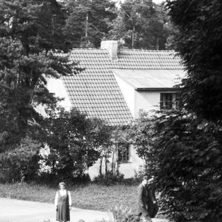 Here's a brief summary of the image: Two figures stand near a house framed by trees.