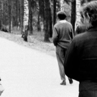 Woman walks with child on a tree-lined path.