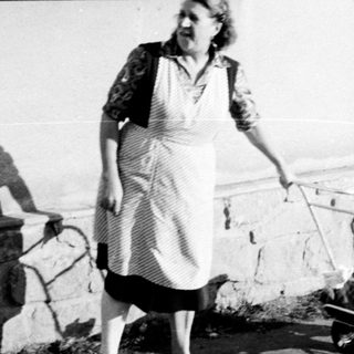 Woman walks along a path, pushing a small cart.