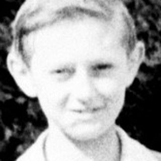 Boy in overalls stands on a bridge, looking at camera.
