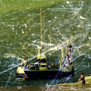 Aerial view of a boat near a coastline and vegetation.