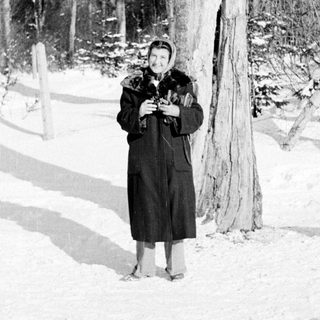 Woman stands in snowy woods, holding something in her hands.