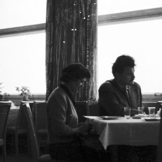 Pair seated at a table in a restaurant setting.