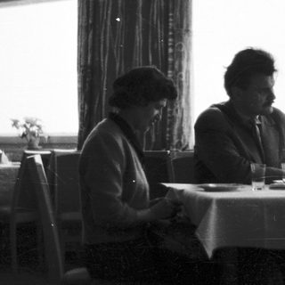 Pair seated at a table in a restaurant setting.