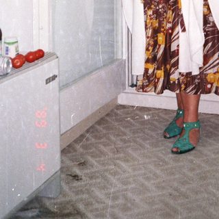 Woman stands near a window in a patterned dress.