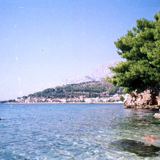 Coastal scenery with clear water, trees, and a village.