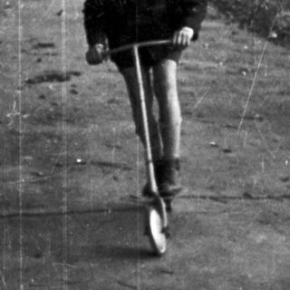 Boy rides a scooter down a tree-lined path.