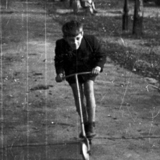 Boy rides a scooter down a tree-lined path.