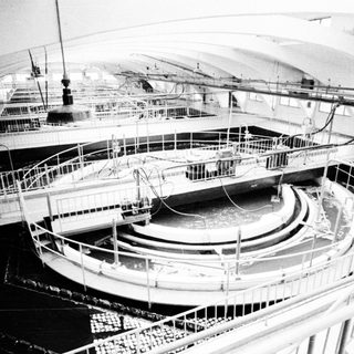 Black and white image of a water treatment facility.