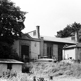 Old brick building, overgrown vegetation, and a metal dome.