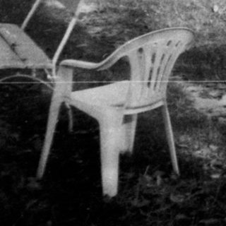 Overgrown yard with chairs, trees, and a distant house.