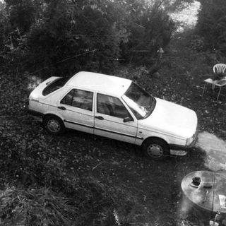 Overgrown foliage surrounds a parked car and patio furniture.