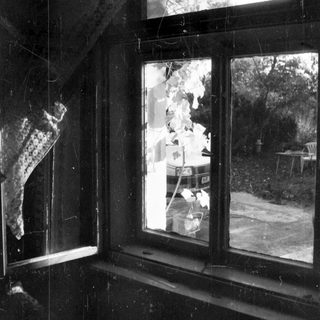 Here's a brief summary of the image: A window with a crocheted item, showing an outdoor scene.