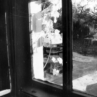 Broken window revealing a yard with a car.
