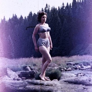 Woman in swimwear poses on rocks, forested area behind.