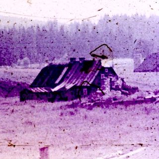 Here's a brief summary of the image: Rural landscape with scattered buildings and a forested hillside.