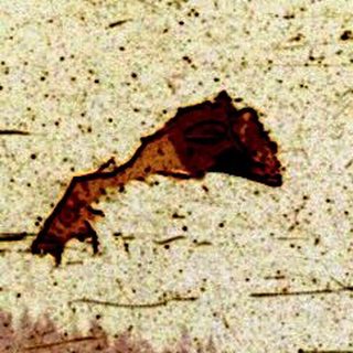 Distressed, faded image showing a landscape with a building.