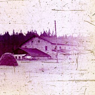 Building and snow mound in a wooded landscape.
