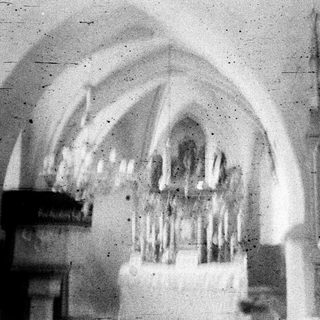 Arched ceiling reveals a sculpted religious interior.
